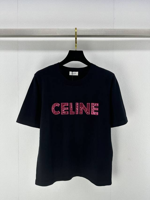 Celine*上新细节 24 夏季新款珠片撞色短袖，胸前彩色珠片配饰，天蚕丝面料上身舒适 百搭不挑人 2色3码sml.