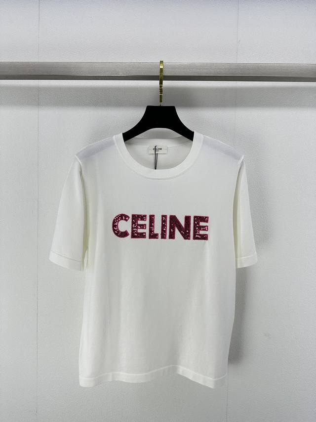 Celine*上新细节 24 夏季新款珠片撞色短袖，胸前彩色珠片配饰，天蚕丝面料上身舒适 百搭不挑人 2色3码sml.