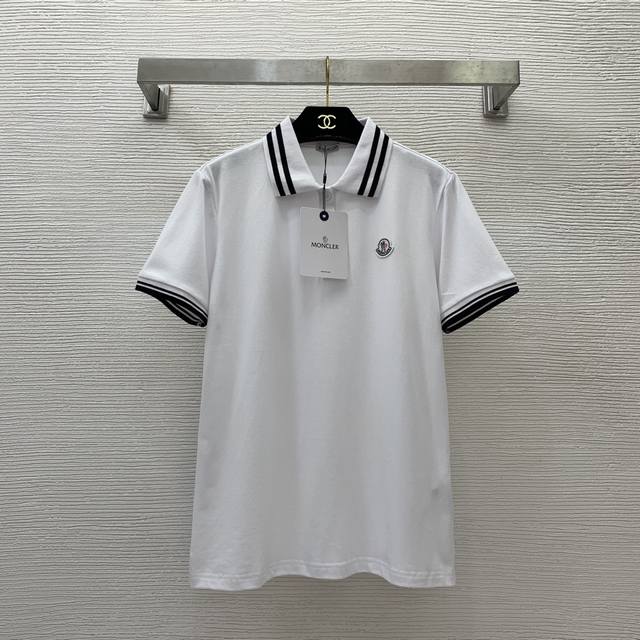 款号d24053184 Moncler*蒙口新款 高端定制原版logo纽扣条纹边polo翻领修身短袖t恤上衣！粉色、黑色、白色， M码：肩宽38，胸围94，袖长