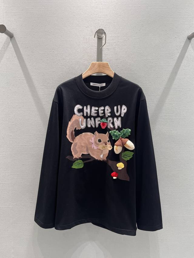 CHEER UP UNIFORM 24Fw早秋新款 小松鼠印花黑色插肩袖长袖T恤丨独家yb开发！高版出品！ 简约大气又不失时髦度 宽松的版型轻松拿捏慵懒随意范日