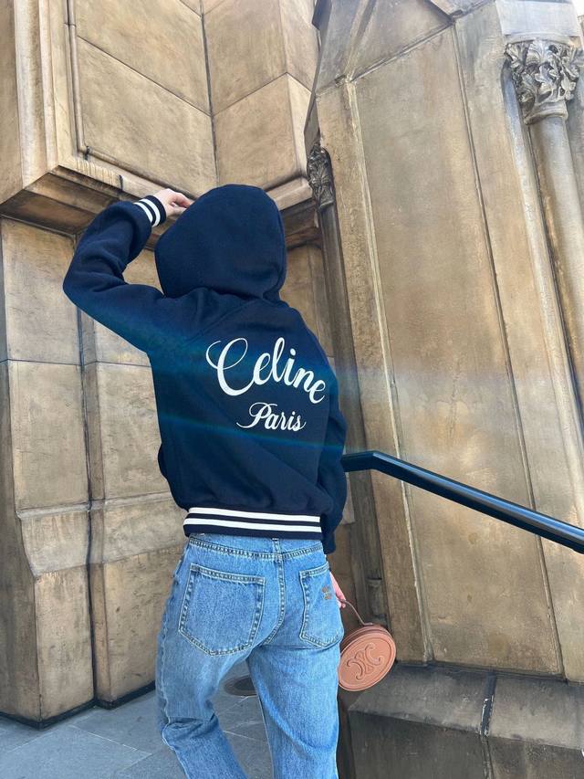 Celin* 24Fw秋冬新款 高级海军蓝连帽羊毛夹克外套丨独家yb开发！高版出品！美式学院风罗纹包边工艺，凯旋门金属拉链高级的调调又A又飒！立体剪裁经典的H版