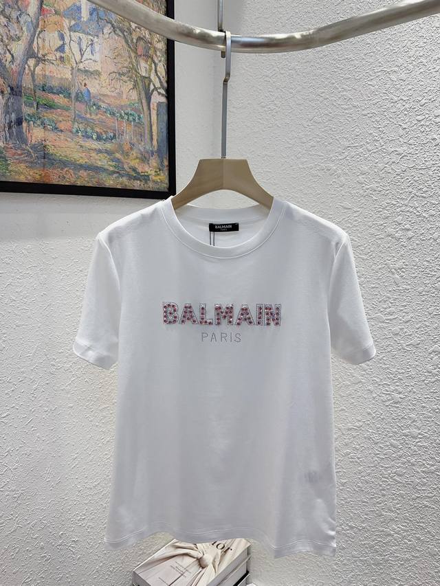 Balm巴尔曼！高版本！胸前刺绣钉钻亮片字母logo图案双面丝光棉圆领短袖t恤！三标齐全！黑色白色！码数s M L，现货发！ M码胸围92衣长61