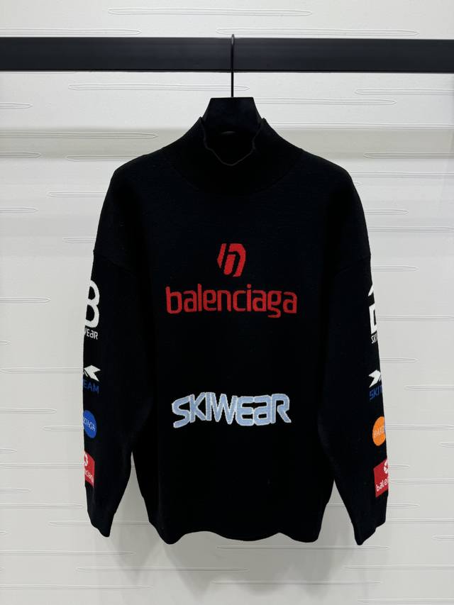 上新原单高端品质balenciag* 2024秋冬最新系列！滑雪系列 立领套头毛衣！定制yb羊毛针织材质 舒适柔软 小高领毛衣剪裁贴保暖御寒 大身撞色品牌log