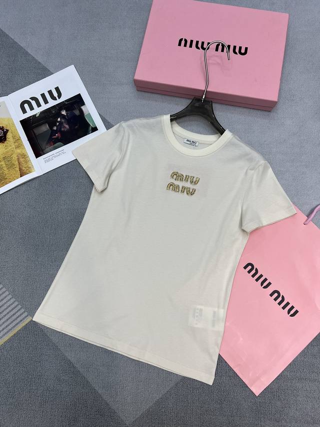 高品质miumiu2025春夏新款水钻钉珠logo短袖t恤sml