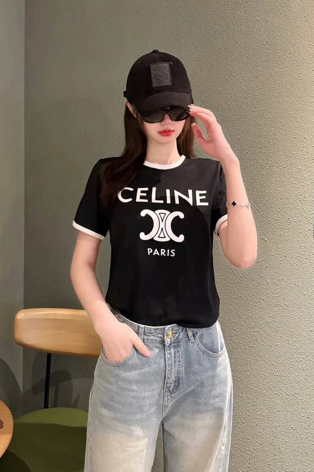 Celin*E 赛*琳 新款凯旋门经典时髦黑白撞色印花棉质平纹针织 休闲宽松短袖t 恤。Smlxl